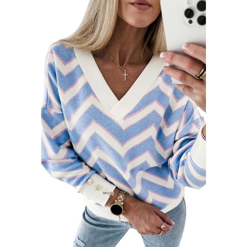 

Женский вязаный свитер с V-образным вырезом, в полоску, с цветными блоками, на зиму 2025 - Модный, свободного кроя, универсальный топ с длинным рукавом Large
