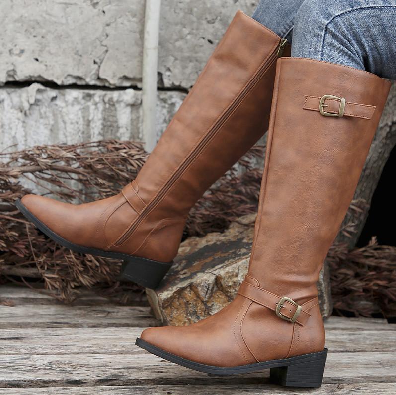 Women's Tall Square Buckle Boots, Chunky Heel Zipper Leather Boots, Plus Size Fall Winter Shoes