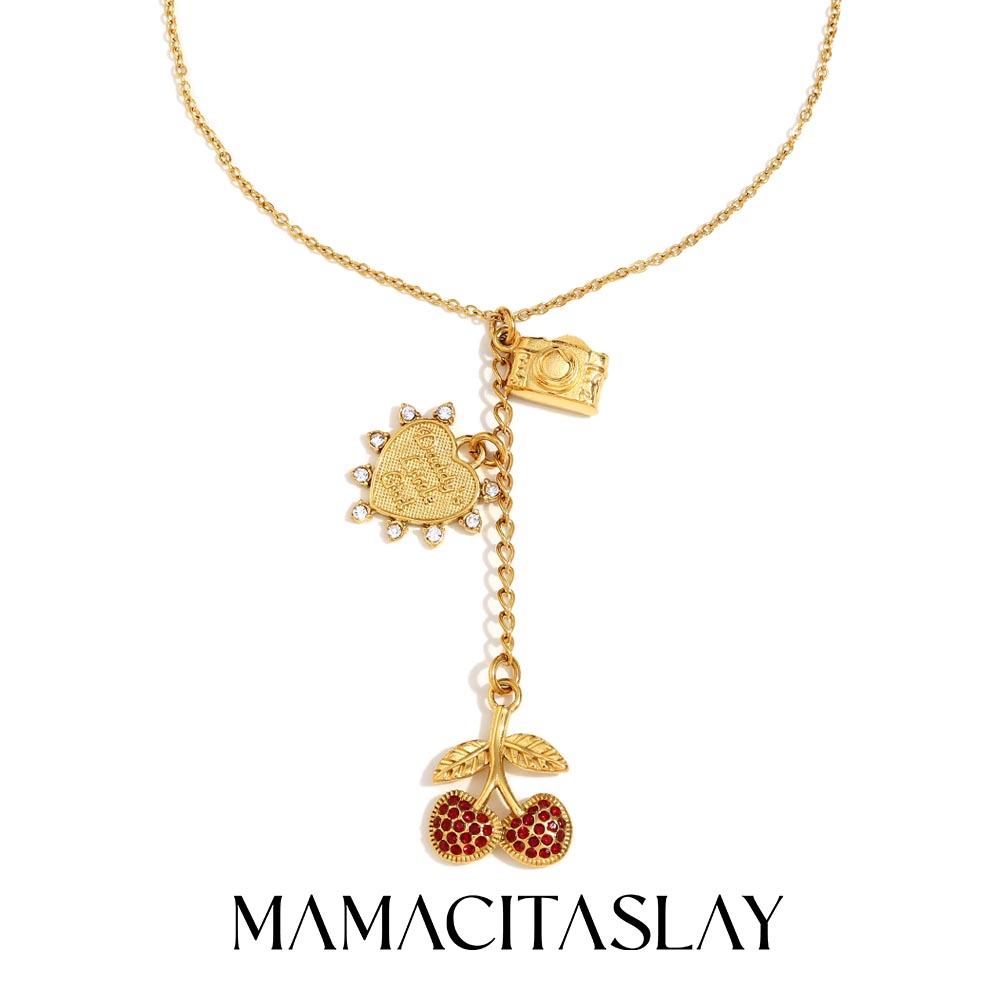 MamacitaSlay Unique Stainless Steel Heart Shaped Cherry Sun Moon Long Pendant Necklace For Women's Party Waterproof Jewelry Gift