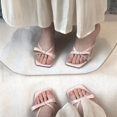 Süße Damen-Slipper mit schmalen Riemen und niedrigem Absatz, modische Schleife, rückenfrei, Markensandalen 2025, elegante Party-Designer-Strandschuhe, Pumps