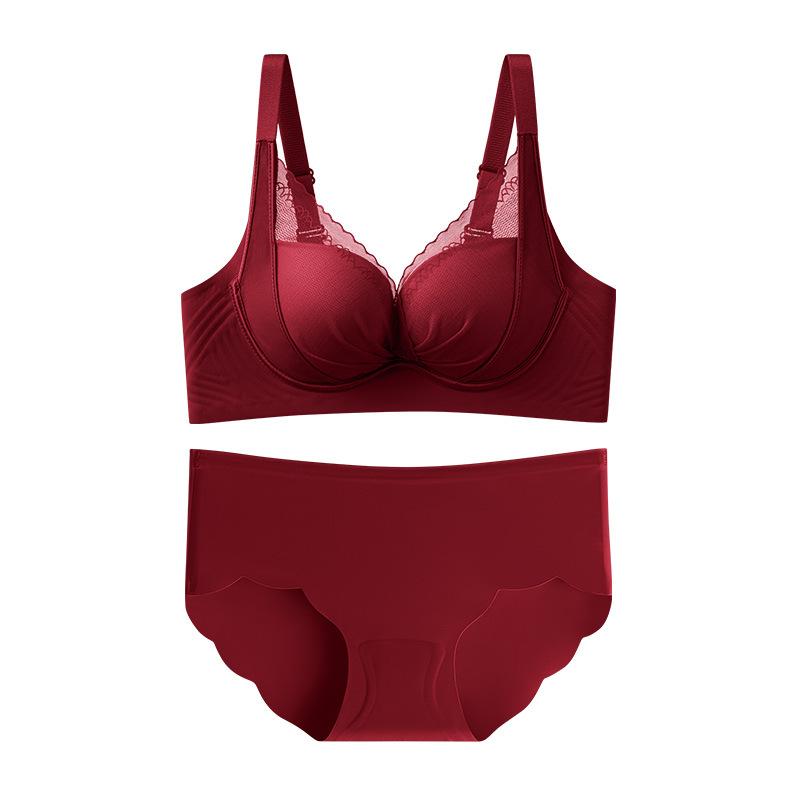 Sexy red suit, women's underwear without side bones, gathered jelly lift, non-magnetic anti-sagging, closed breast bra