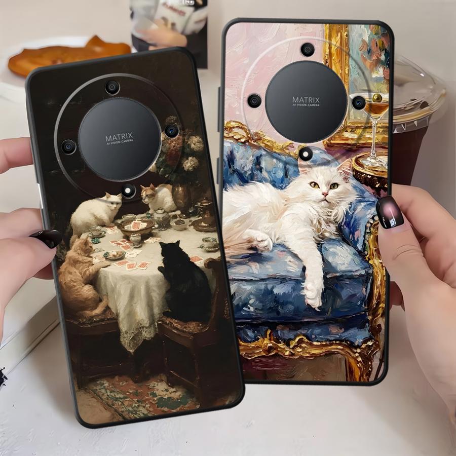Case for Honor 200 400 Lite 8X X5b X8 X6 70 X9a X7 Magic5Lite 90 Funda Phone Cover Cartoon Oil Painting Cat