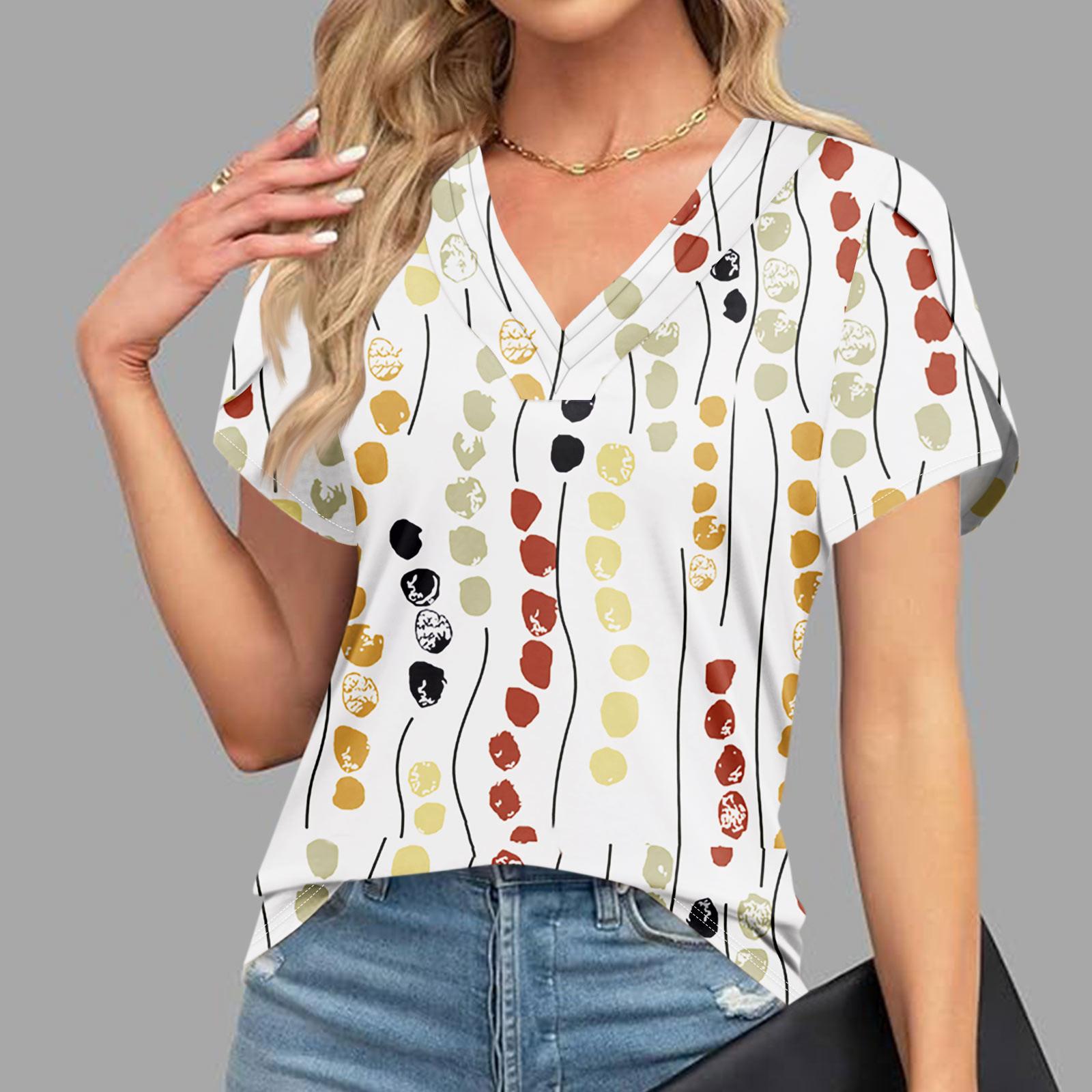 

Блузки для жінок Одягнений повсякденний, модний принт, короткий рукав, ретро-принт, футболка Унікальний дизайн, V-подібний виріз, великі футболки XL жовтий