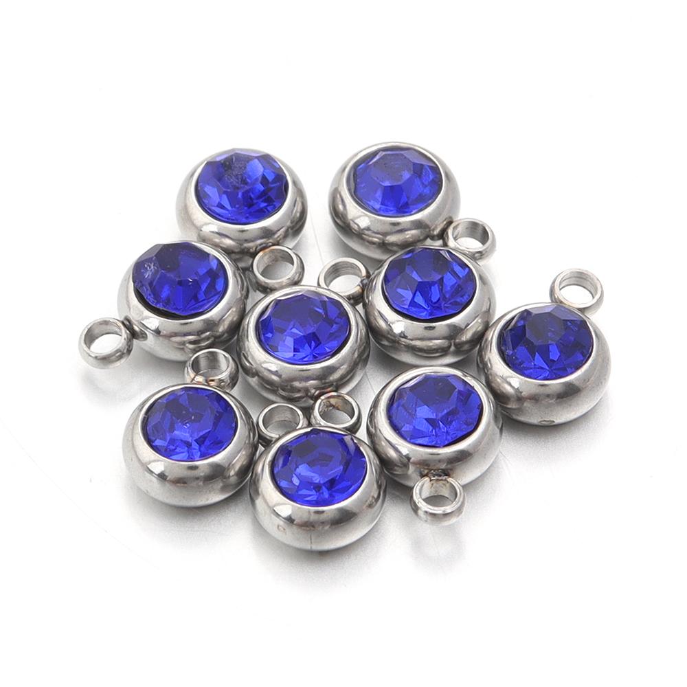 10Pcs Mini Birthstone Charms Stainless Steel Round Rhinestone Crystal Pendant for Jewelry Making DIY Necklace Bracelet Findings