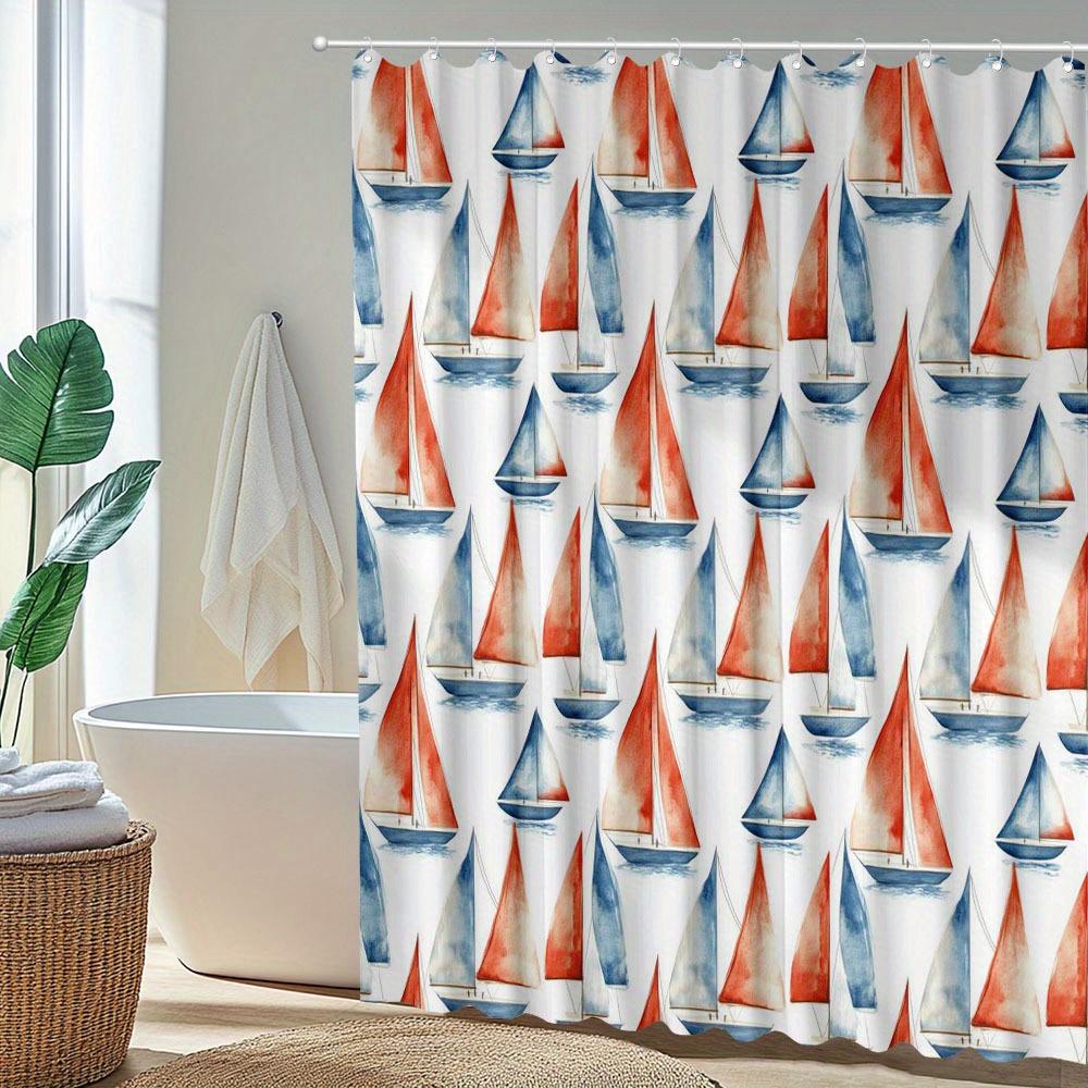 1 Modern Nautical Shower Curtain - Polyester Fabric, White With Red Sailboat And Blue Water Stripes, Machine Washable