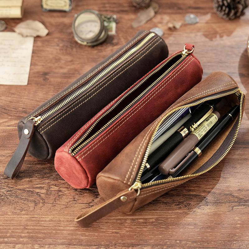 Vintage Leather Fountain Pen & Stationery Case - Handmade Crazy Horse Cowhide Coin Purse & Storage Bag