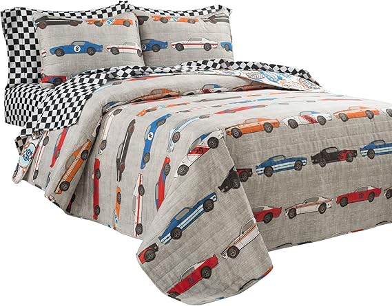 

Oversized Reversible Quilt Bedding Set for Kids, Twin Size, Blue and Orange Race Car Theme