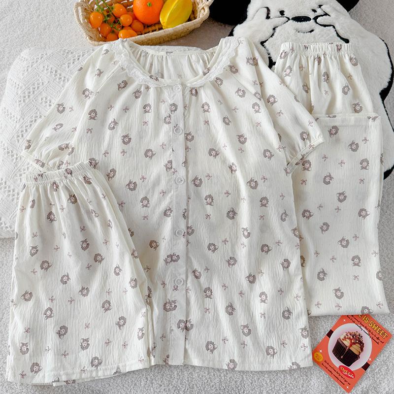 Simple Puppy Style Cute Round Neck Lace Cloud Cotton Light Luxury Pajamas Women'S Summer Three-Piece Set