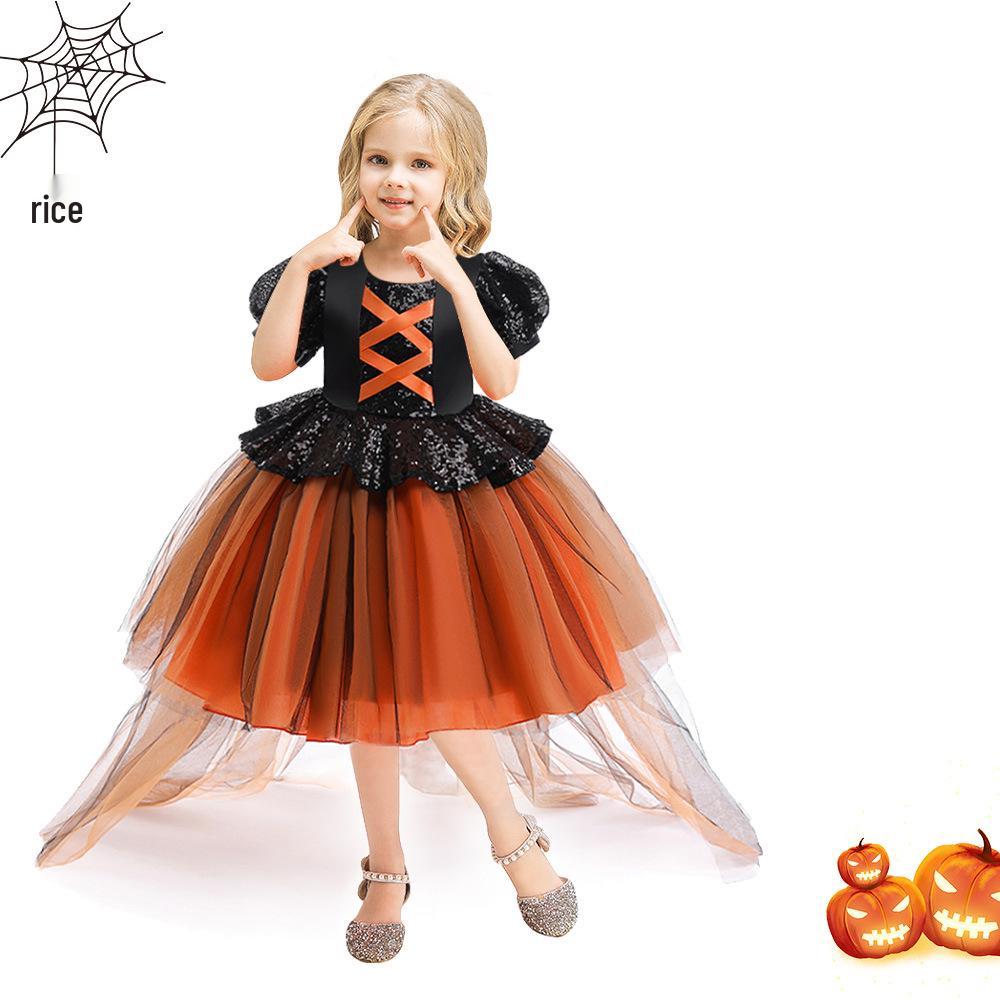 Girls' Halloween Sequin Princess Dress with Puff Sleeves and Puffy Skirt