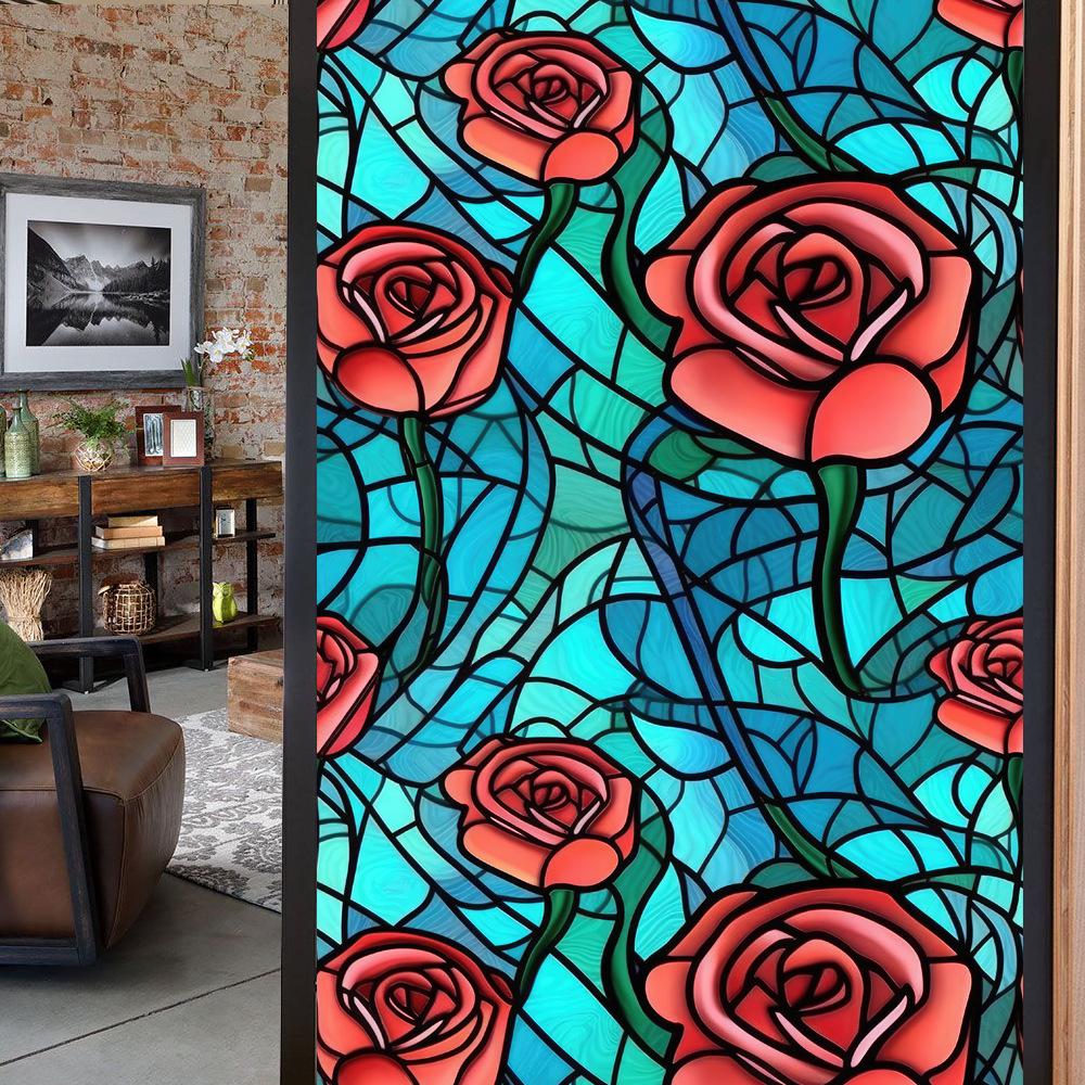 Colorful Retro Floral & Bird Static Cling Window Film - No Glue, Removable