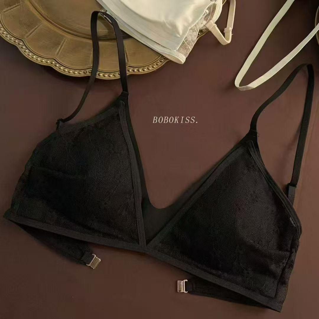 

Женский бесшовный бюстгальтер без косточек с низким вырезом на спине из французского кружева - Удобная тонкая треугольная чашка XL (38/85AB) чёрный