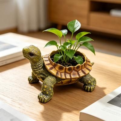 Small Turtle Planter Resin Turtle Shaped Flower Pot with Drainage Holes Cute Animal Cacti Pots for Office Home Desktop Decor