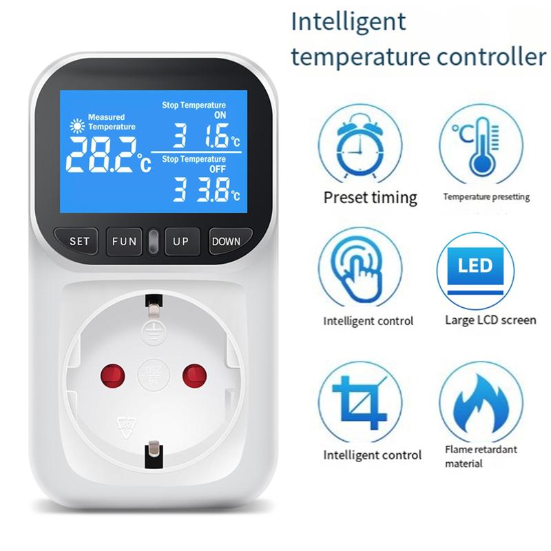 AD23-Digital Temperature Controller Socket Outlet Thermostat With Sensor Probe Heating Cooling Switch Backlight EU Plug