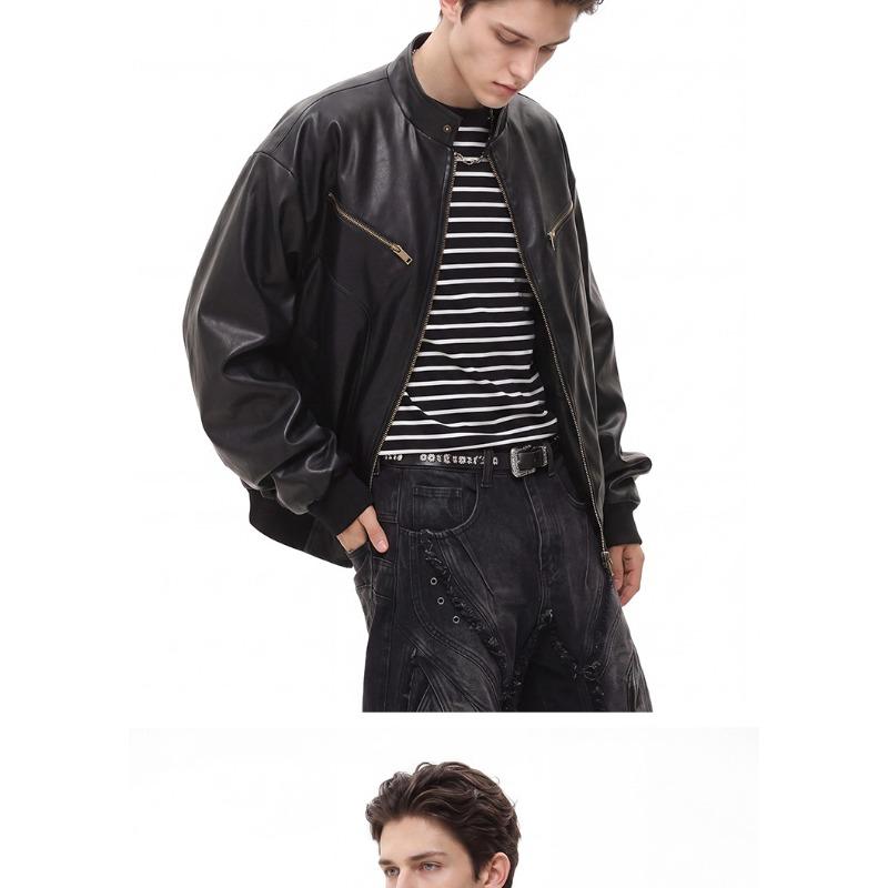 American Windproof Stand-up Collar PU Leather Jacket Men's Autumn Retro Loose Silhouette Locomotive Jacket Pu Leather Jacket