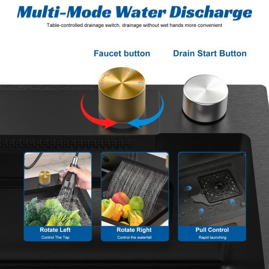 Drop in Single Bowl Bar Sink Black Waterfall Kitchen Sink, Stainless Steel with Cup Rinser, In/Undermount Farmhouse Workstation Multiple Accessories