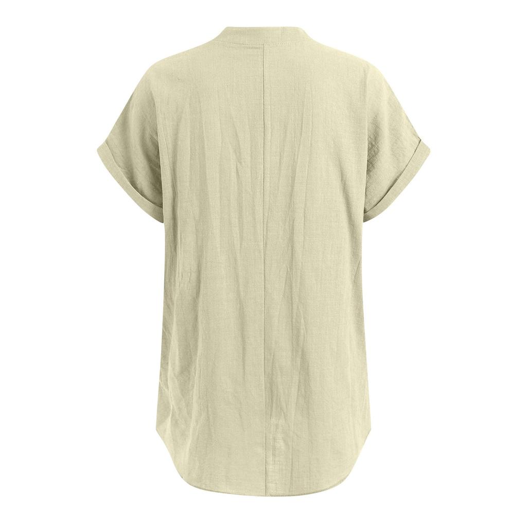Women's Fashion Solid Color V Neck Button Pocket Short Sleeved Shirt Cotton Casual  T-shirt Top