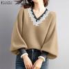 Damen Lässige Spitze Patchwork V-Ausschnitt Langarm Pullover T-Shirts