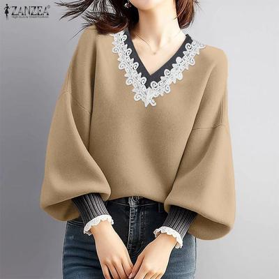 Women Casual Lace Splice V-Neck Long Sleeve Pullover T-Shirts