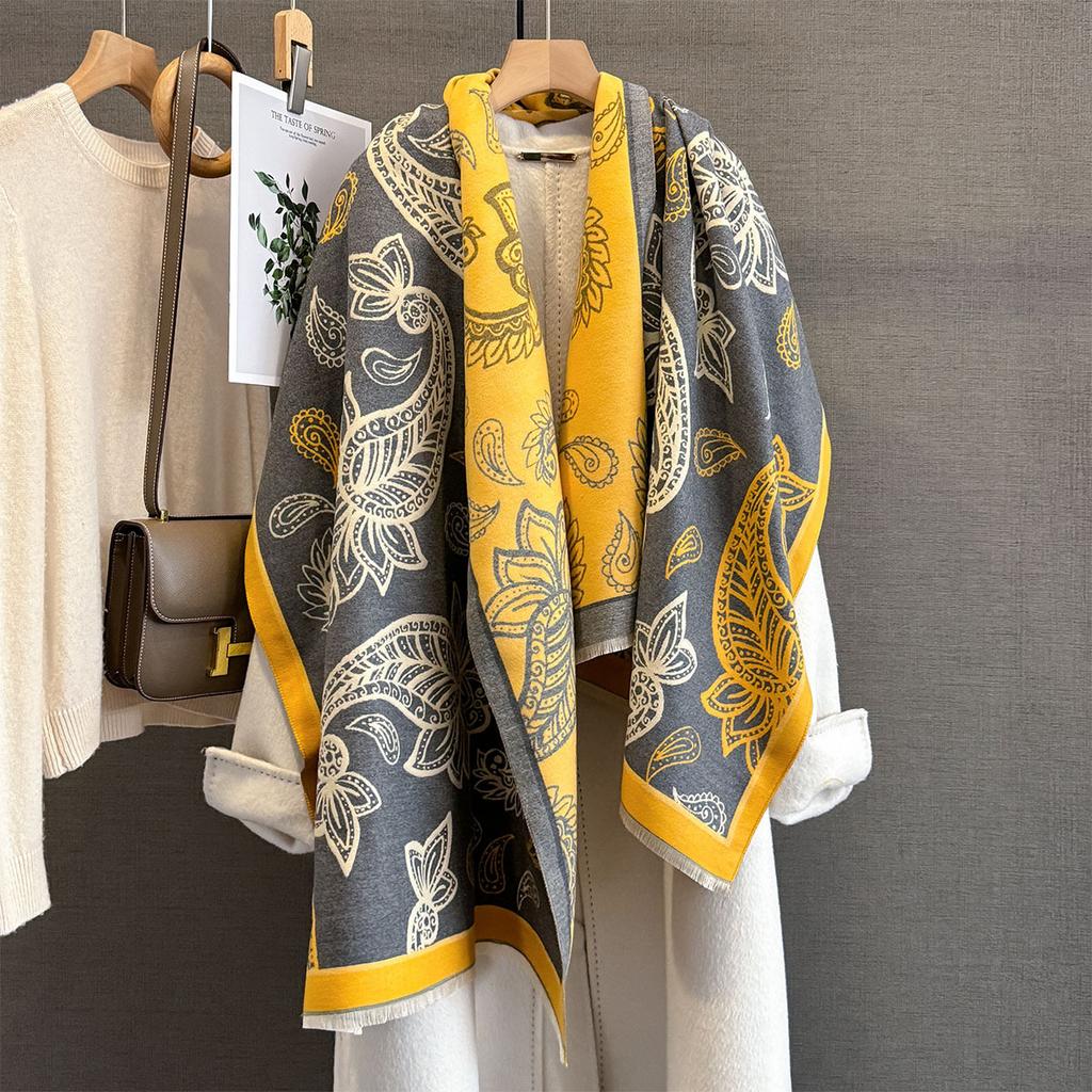 Winter Neck Warmer Scarf For Women Thickened Tassel Pashmina Shawl Cashew Print Faux Cashmere Warps Autumn Elegant Blanket