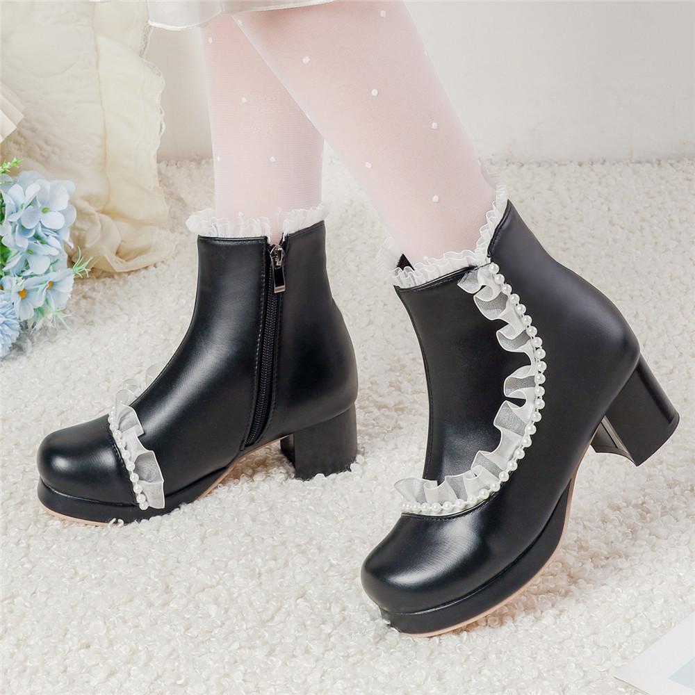 Fashion Ladies Ankle Boots Women Shoes Sweet Lace String Bead Lolita Lovely Cosplay Platform Girls Mid Heels Booties Woman Pink White