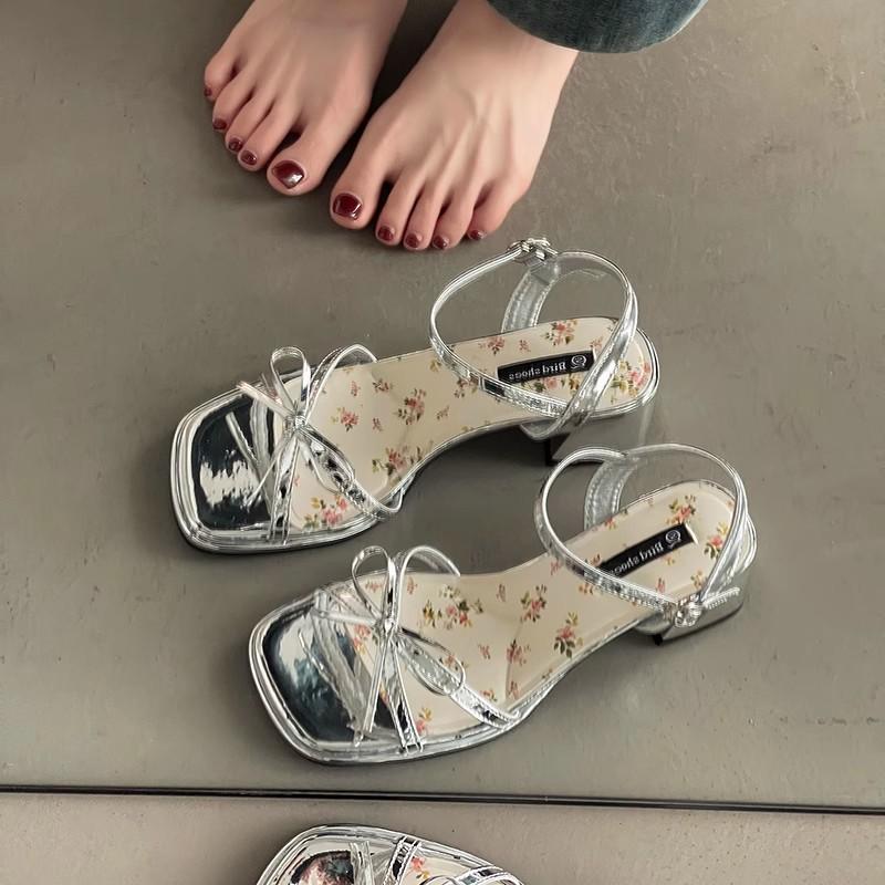 Fashion Yama Roman high-heeled slippers 2025 summer new thin strips with open-toed buckle straps medium-heeled sandals women