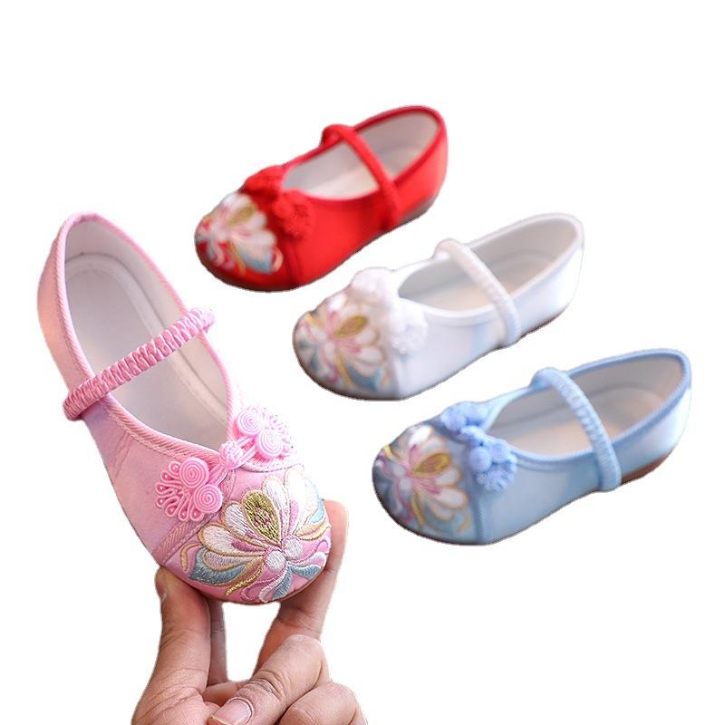 Nice Han Chinese Clothing Ancient Style National Embroidery Kids Shoes Chinese Style Handwork Silk Kids Girl Canvas Shoes I09132