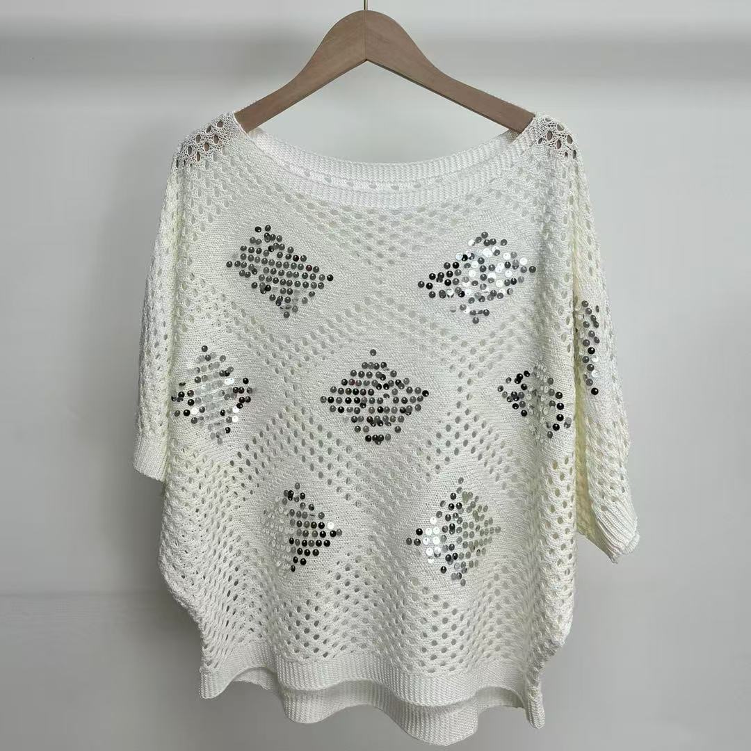 Лето Осень Женский Шикарный Ажурный Блестящий Трикотажный Свитер Пуловер Футболка One Size