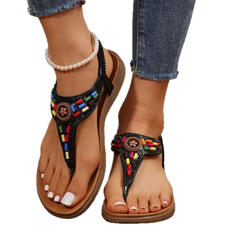 Summer new flat-bottomed pinch rhinestone sandals women