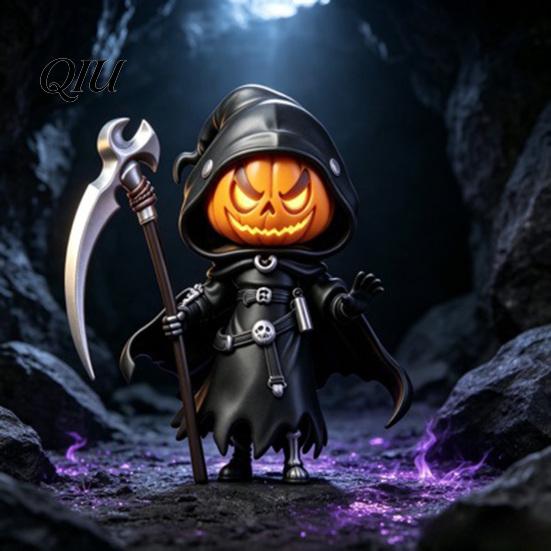 Spooky Pumpkin Collectibles Halloween Reaper Statue, Resin Hooded Ornament, Black Robe Figurine Cute Horror Room Decor with Sickle Desktop