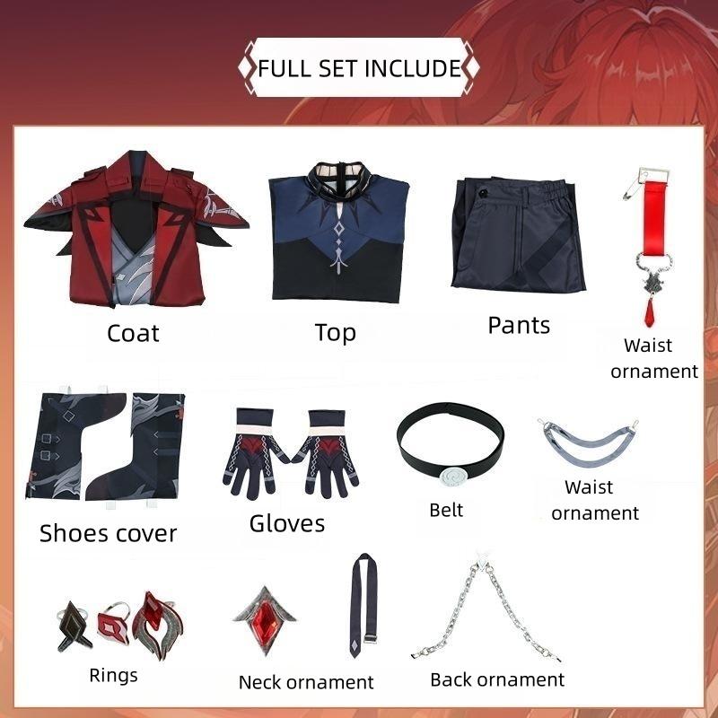 New Game Diluc New Costume Full Set Red Coat Pants Unisex Adult Game Cosplay Costume Halloween Party Unifrom Wig