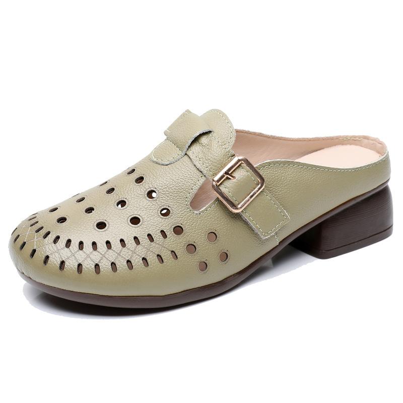 New Summer Genuine Leather Sandals Round Toe Hollow Women's Slippers Outerwear Cool Breathable Fashion Slippers