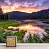 Sunset Lake Forest Wall Mural Golden Sky Nature Landscape Wallpaper Home Decor