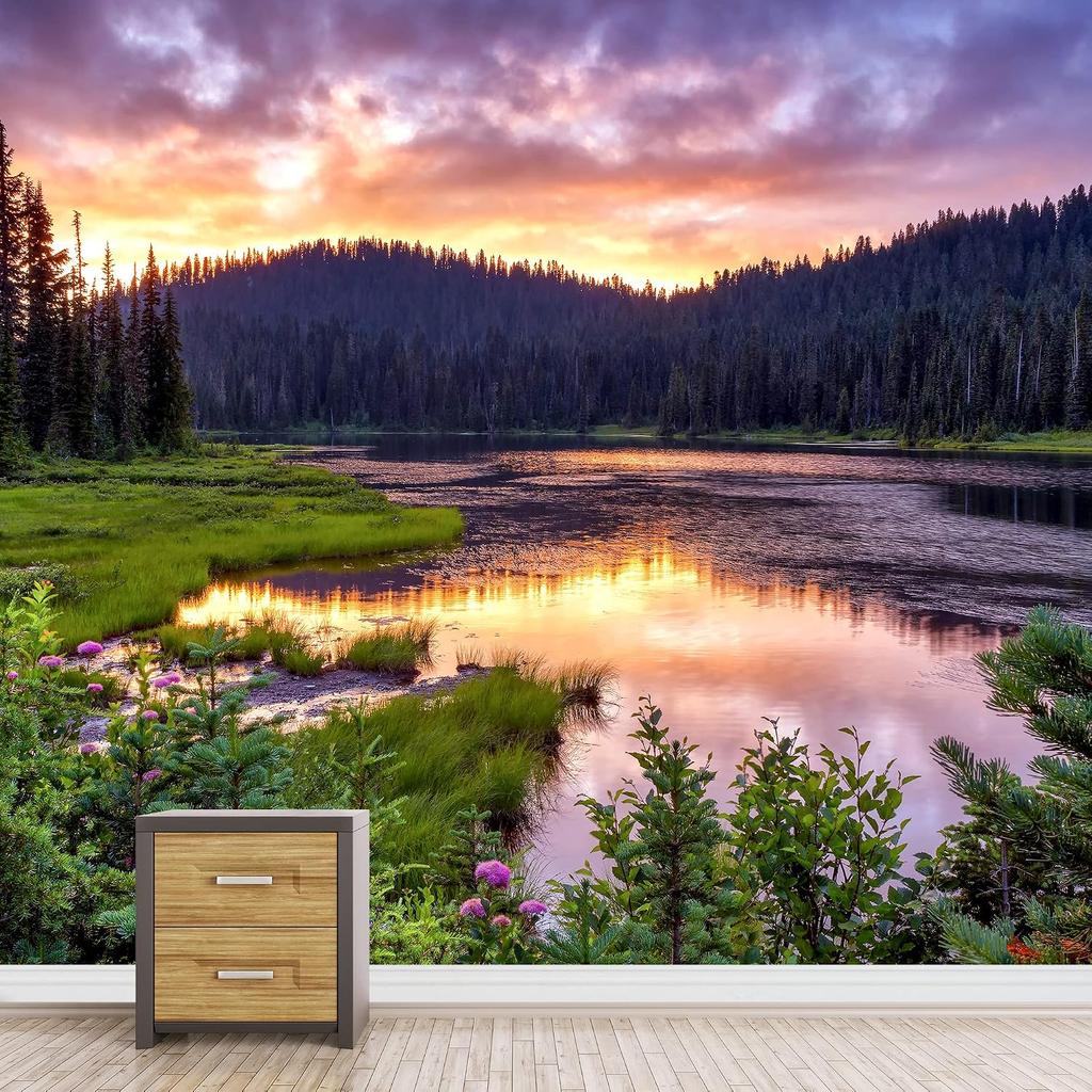 Sunset Lake Forest Wall Mural Golden Sky Nature Landscape Wallpaper Home Decor
