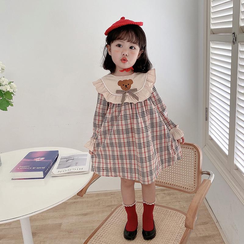 Dívčí roztomilé kostkované šaty s medvídkem 2024: Volán s dlouhým rukávem na jaro a podzim