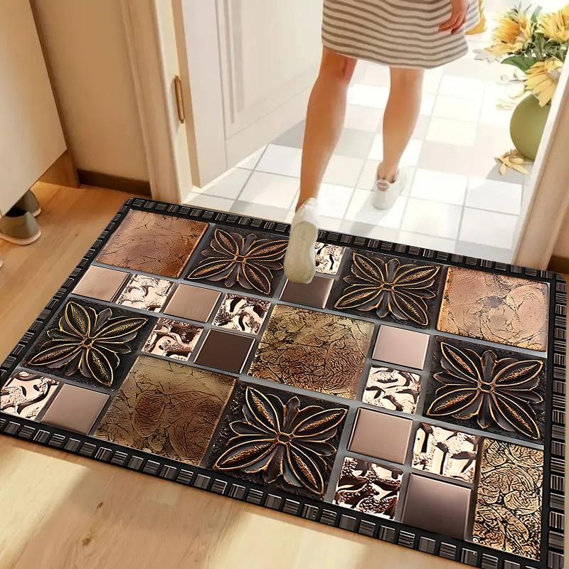 Vintage Stone Tile Medallion Doormat Embossed Metal Floral Print Soft Non Slip Carpet for Entryway Indoor Outdoor