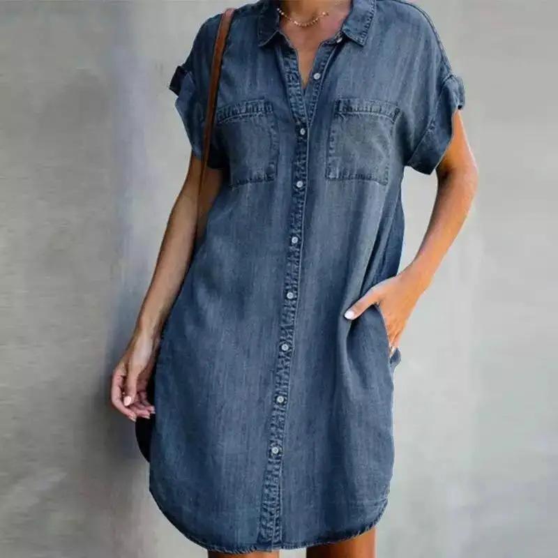 2025 European & American Lapel Short Sleeve Slimming Denim Shirt Dress for Women