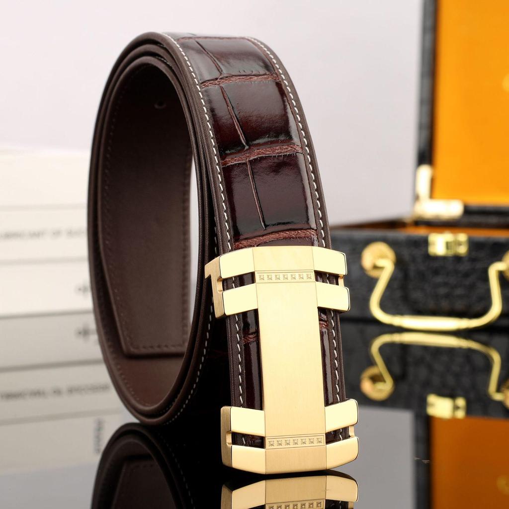 Men's Leather Belt with Crocodile Grain, 3.8 cm Wide Cowhide and Stainless Steel Smooth Plate Buckle