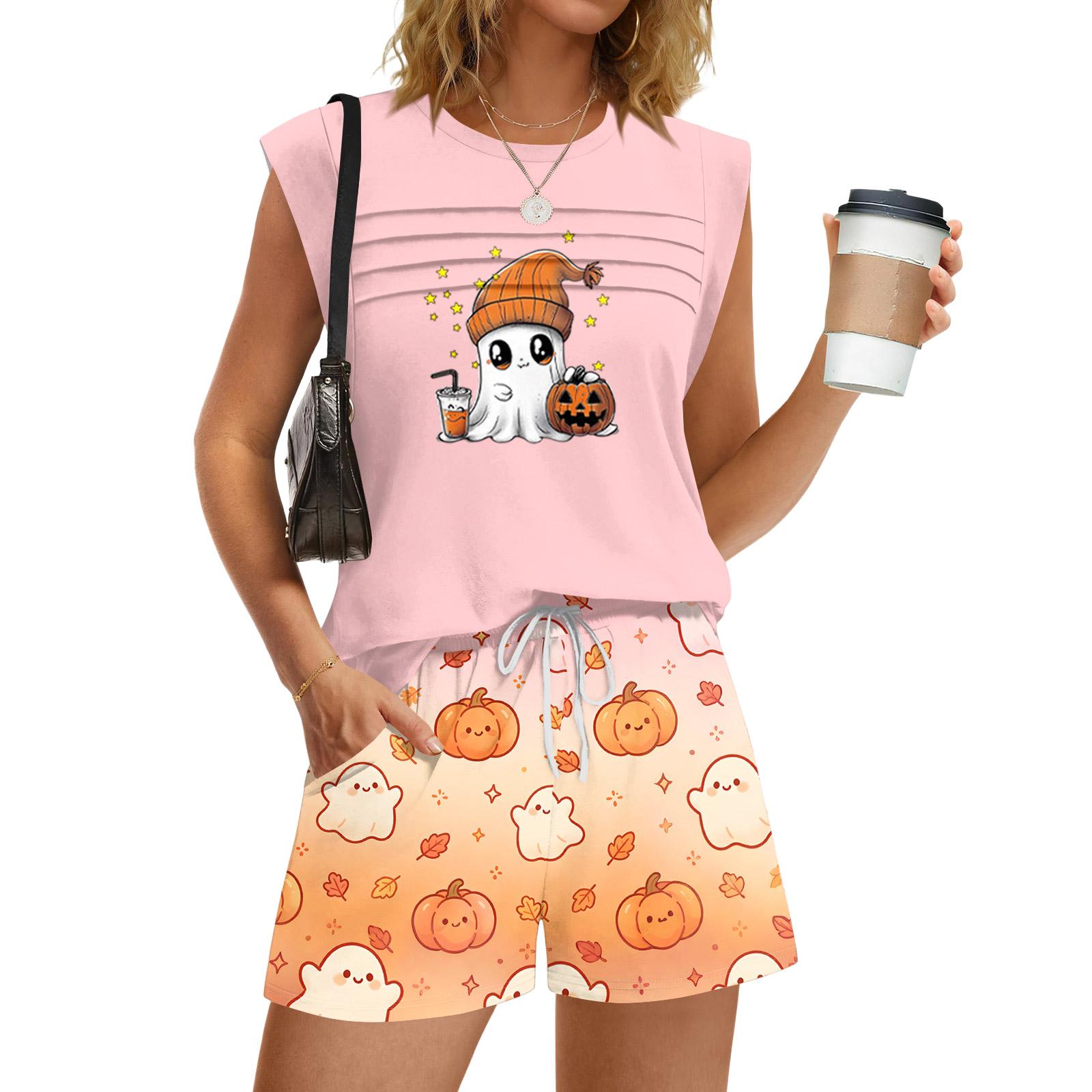 Women s Casual Fashion Round Neck Ruffle Halloween Print Shorts Set S шафрановый