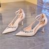 Fashion High Quality Pointed Toe Rhinestone Women Sandals Patent Leather Ankle Straps Buckle Slide Sandals Fashion Comfort Dress Shoes