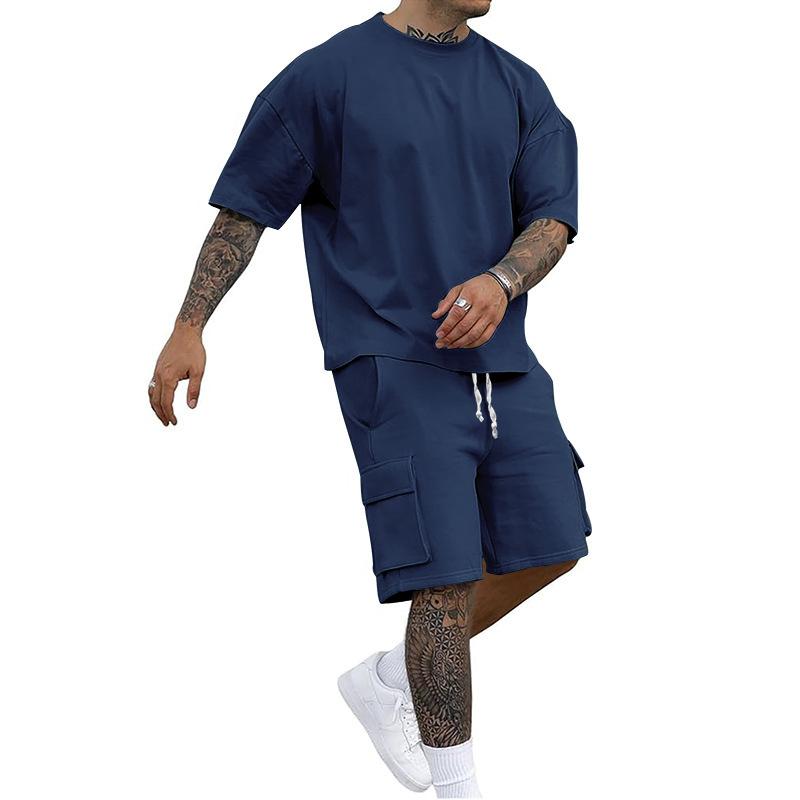 Mens Casual Two Piece Outfit Drop Shoulder Oversized T Shirt And Cargo Drawstring Shorts Set