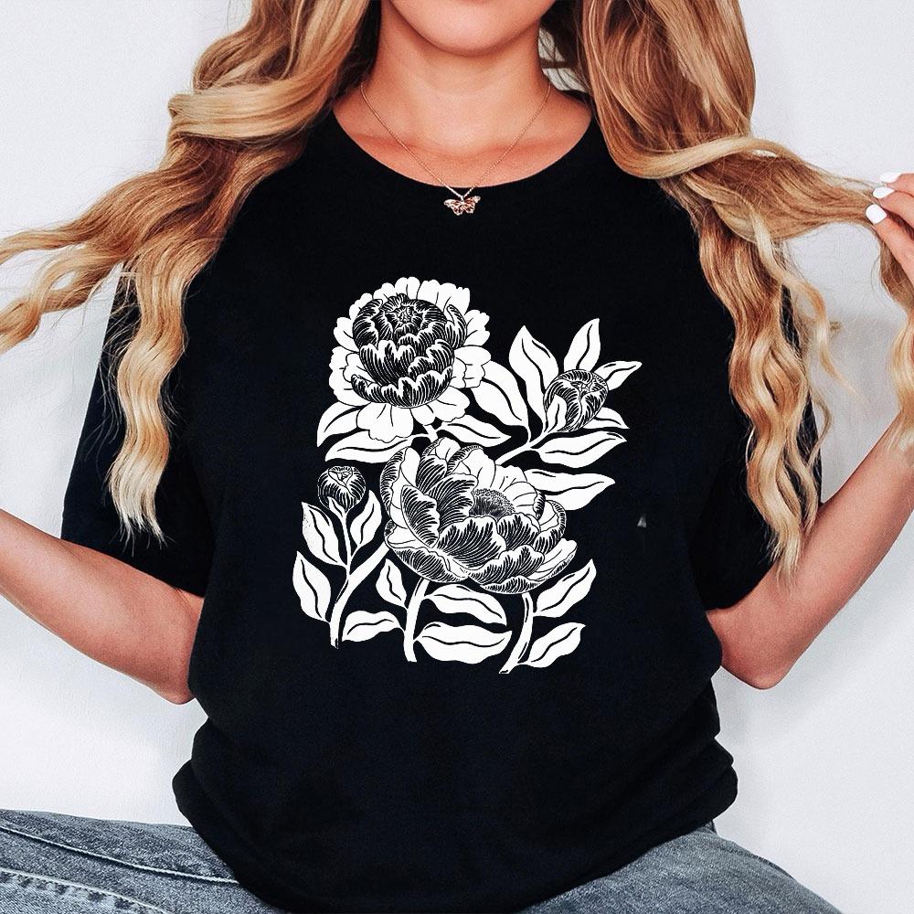 Peony Floral Ringer Tee Vintage Botanical TShirt Cottagecore Flower Shirt Retro Linocut Floral Tee Boho Garden Graphic Shirt