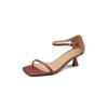 New women's one-word sandals women's square head comfortable beef tendon soft sole large size summer sandals women's leather medium heel solid color
