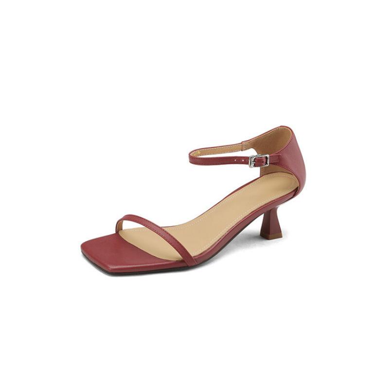 New women's one-word sandals women's square head comfortable beef tendon soft sole large size summer sandals women's leather medium heel solid color