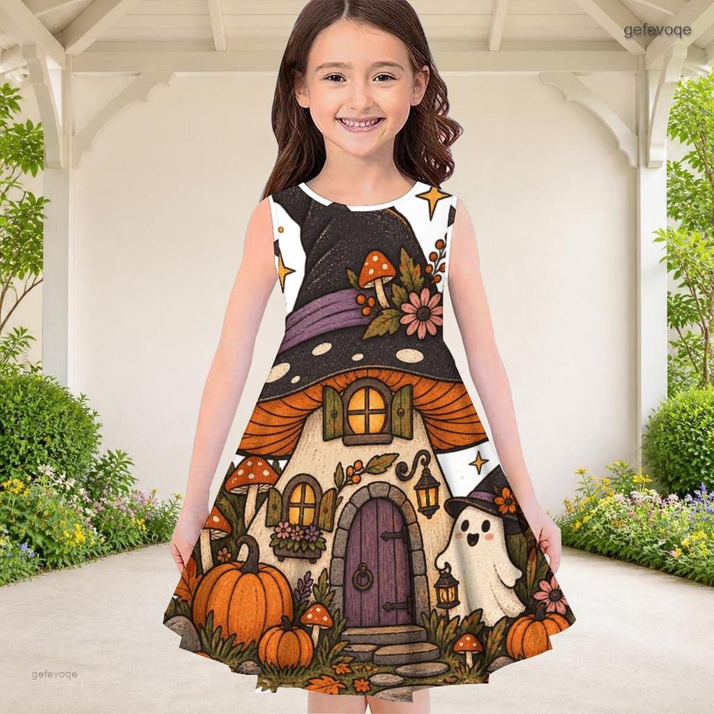 Girls Round Neck Sleeveless A Line Flared Dress Halloween Pumpkin Ghost Printed
