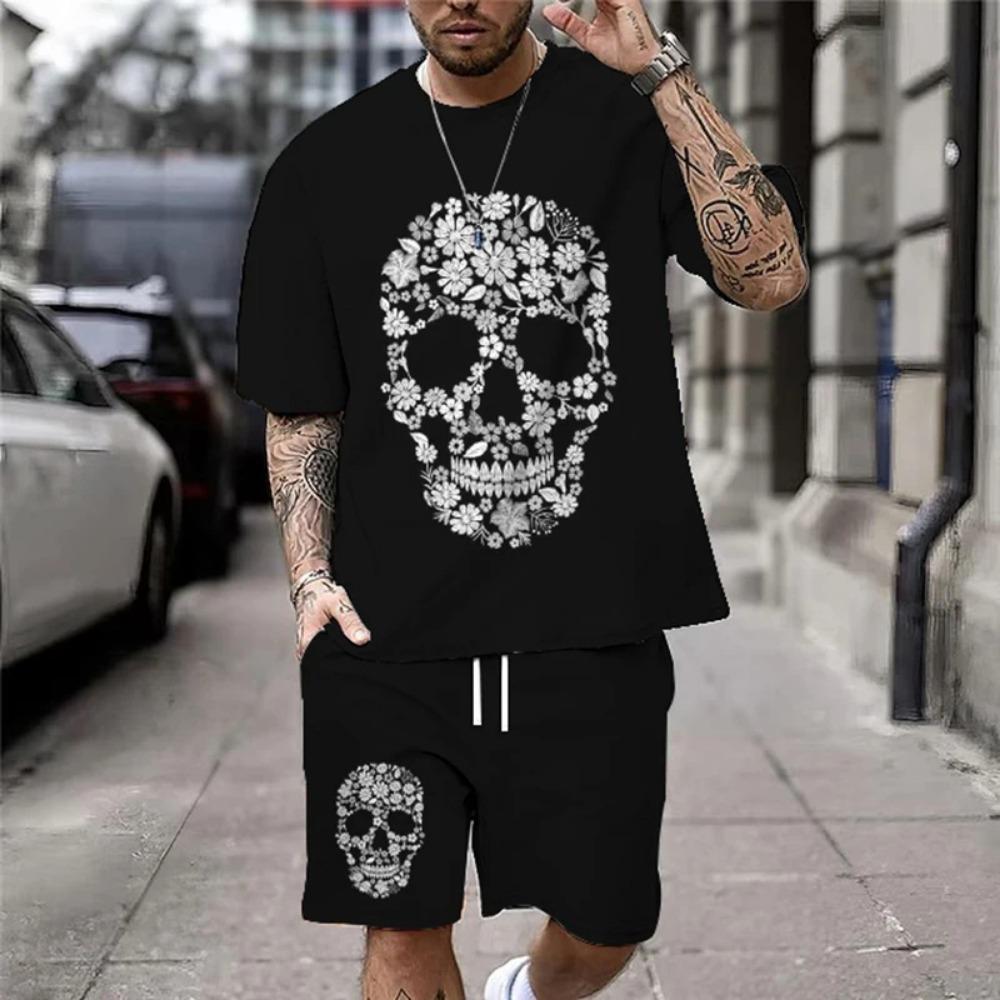 Summer New Casual Men's Skull Print T-Shirt Set Fashion Streetwear Tees Loose Oversized Breathable Soft Short Sleeves And Shorts
