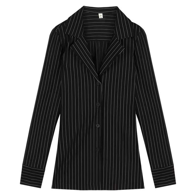 Erotic lingerie boyfriend shirt long sleeve striped slim and versatile mid-length slimming autumn waist top
