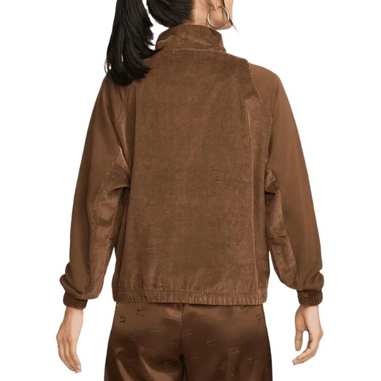 Nike Luftige einfarbige Cord-Jacke mit durchgehendem Reißverschluss und Stehkragen für Damen, Braun DQ6929-259