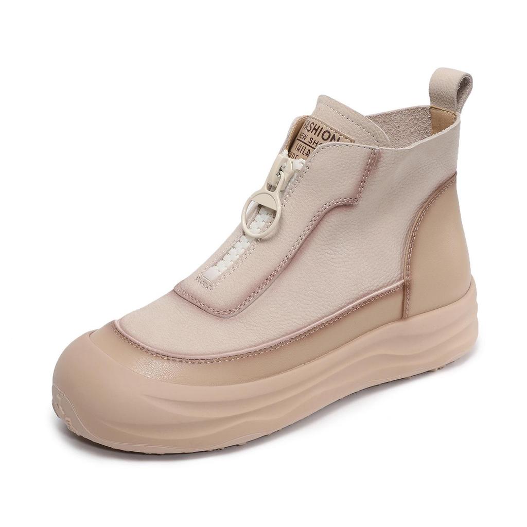 Johnature Genuine Leather Retro Thick Soled Short Boots With Front Zipper Casual Flat Platform Shoes