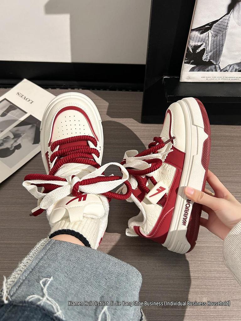 Women's Burgundy Autumn Sneakers: Breathable, Thick-Soled, Versatile Sports Shoes