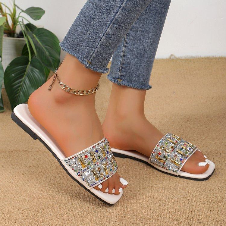 Flat Slippers Outer Wear Women's New Fashion Rhinestone Versatile Square Head Large Size